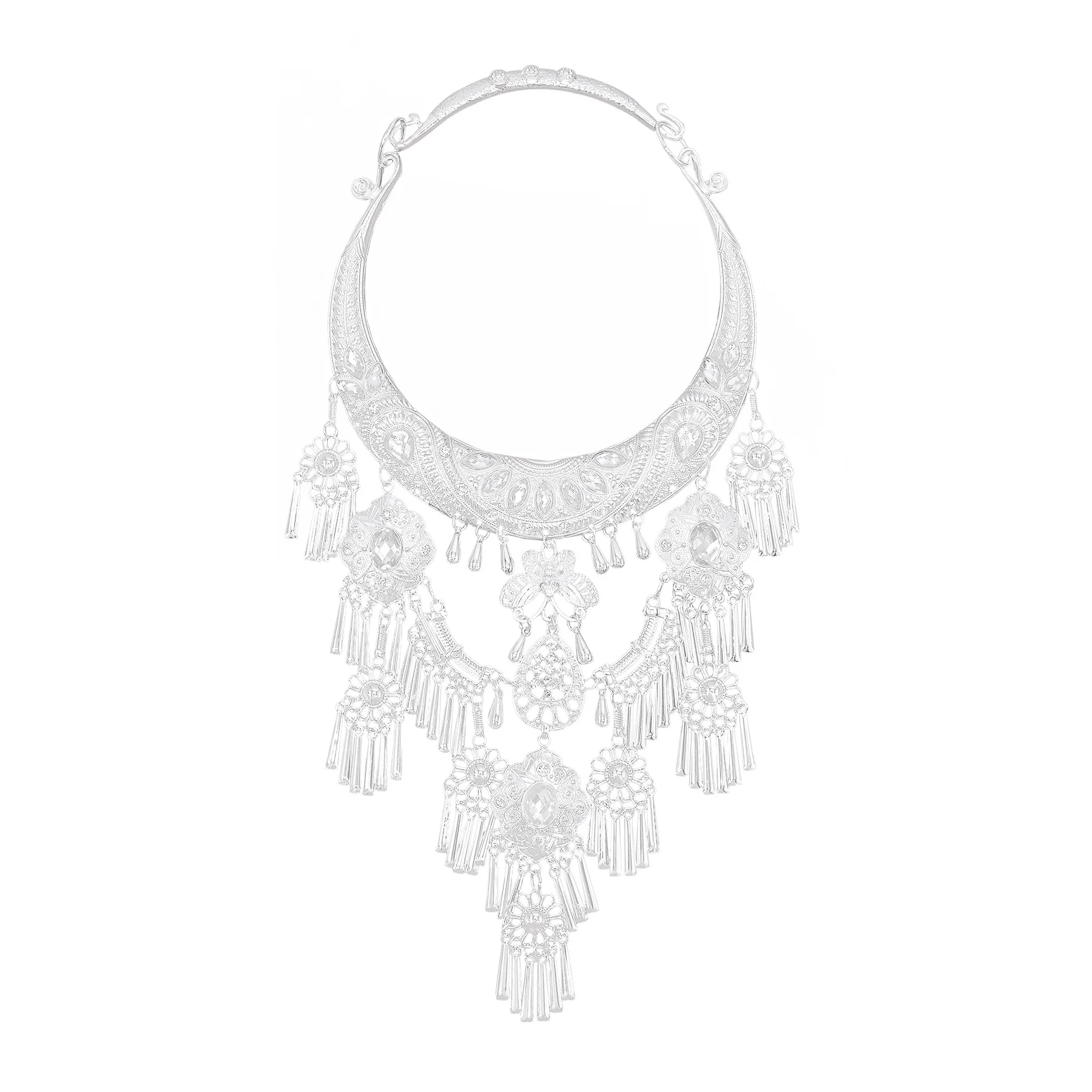 Chinese Ethnic Miao Silver Plated Choker Necklace Red Clear Crystal Accents Bib Collar Traditional Tribal Statement Neck Jewelry