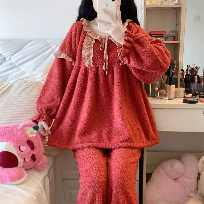 Pajama Women New Autumn Winter Pants Coral Velvet Net Red Thick Warm Home Clothes Large Size Two-piece Set Can Be Worn Outside