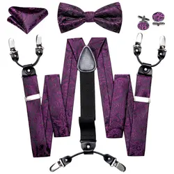 Suspenders For Men's Pants Exquisite Plum Purple Floral Silk Jacquard Pre-Bow Tie Handkerchief Cufflinks Set Barry.Wang Designer