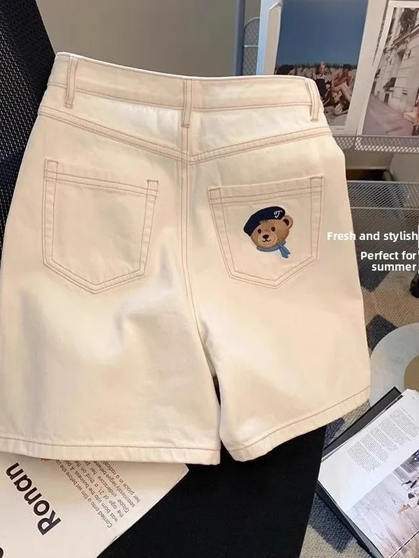 

Versatile Classic Embroidered Bear High Waist Slim A-Line Straight Leg ort Jeans Casual Comfortable Breathable Summer orts