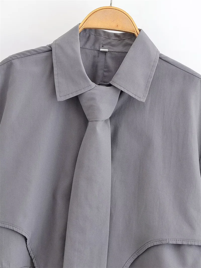 Chemise femme 2025 automne nouveau Style gris à manches longues chemise courte avec cravate décoration Sexy à la mode décontracté et Unique