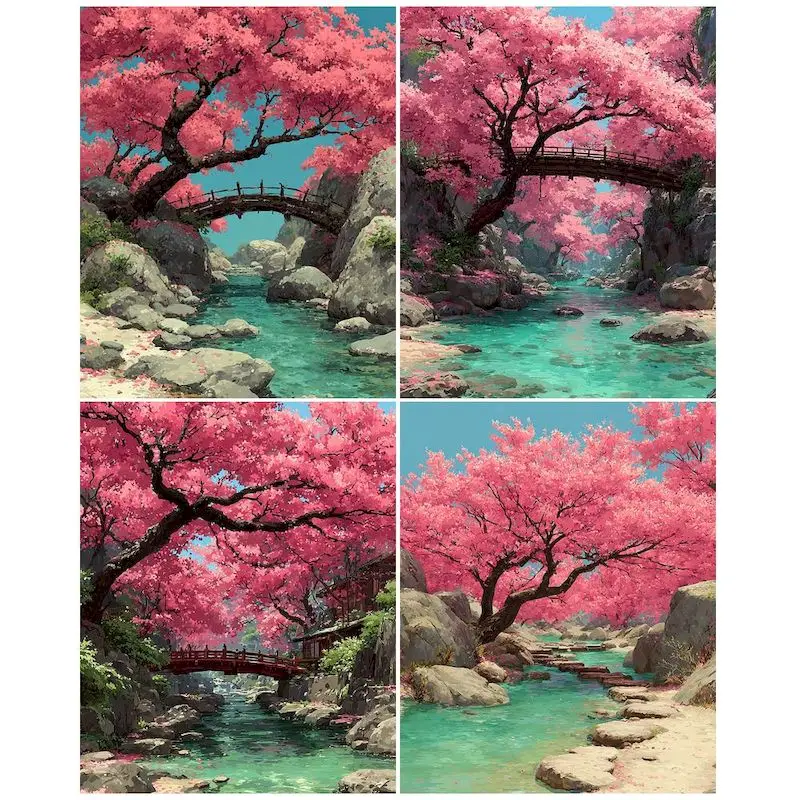 GATYZTORY DIY-Bilder nach Zahlen, Kits, Kirschblüten-Fluss-Malerei nach Zahlen, Zeichnung auf Leinwand, handgemalte Kunst, Geschenk, Heimdekoration