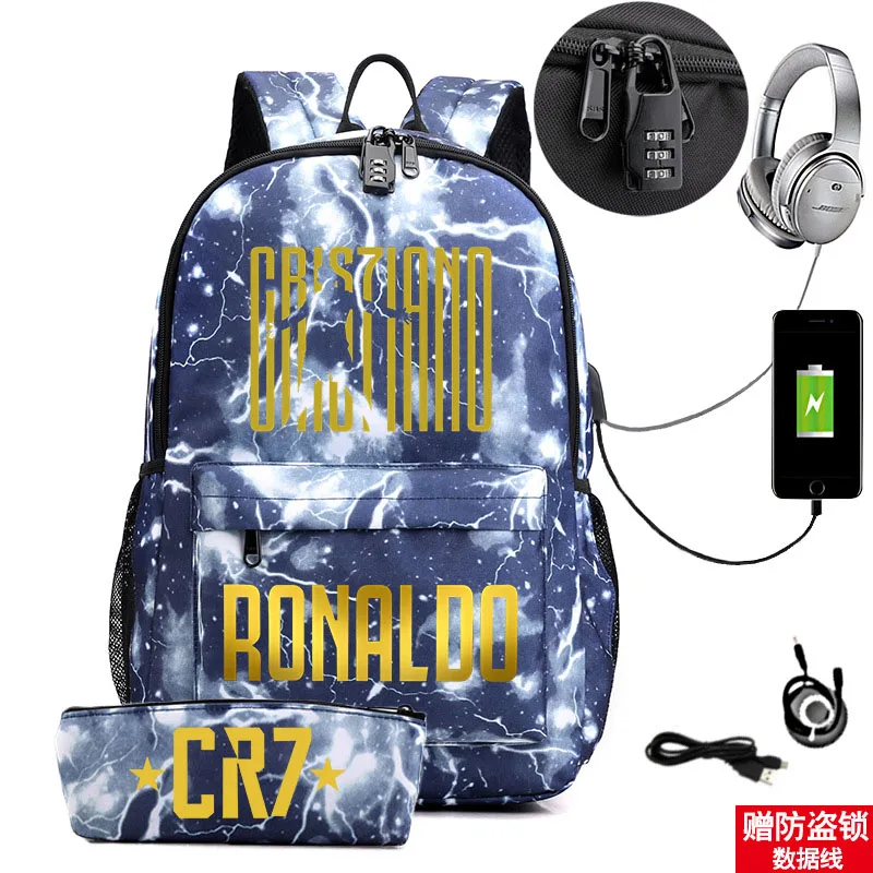 Ronaldo printed backpack casual student school bag usb bag with lock outdoor travel bag computer bag pencil case 2-piece set