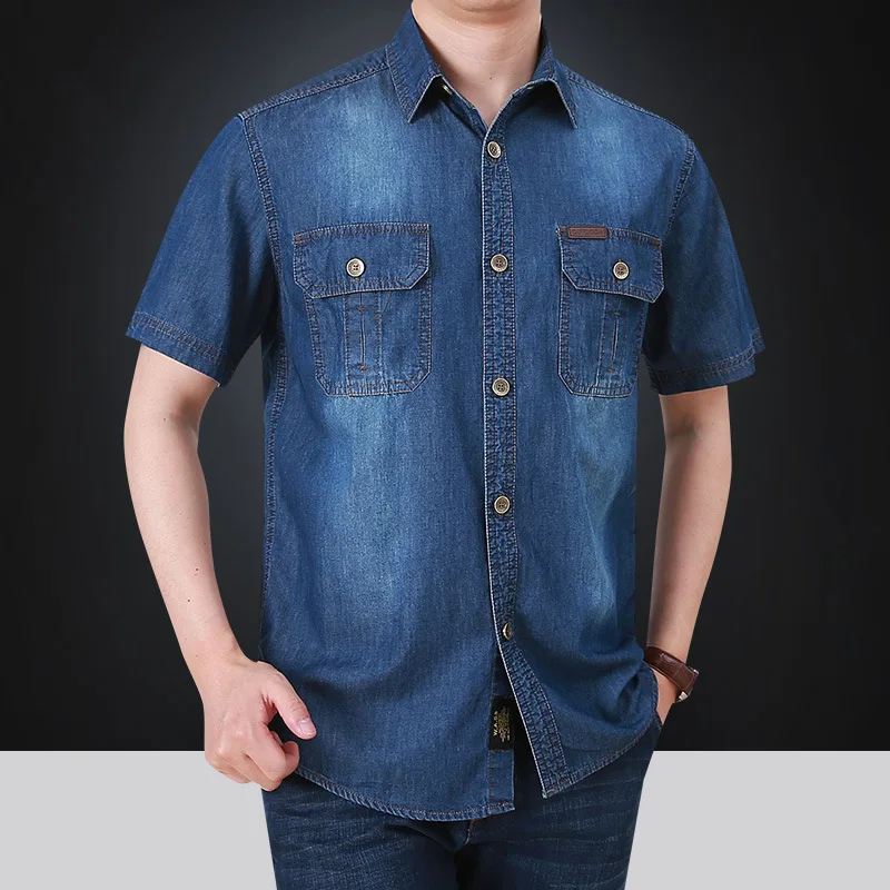 

Men Denim Short Sleeve Shirts Blue Pocket Single-breasted Business Shirt Casual Tops High Quality Luxury Brands Men's Clothing