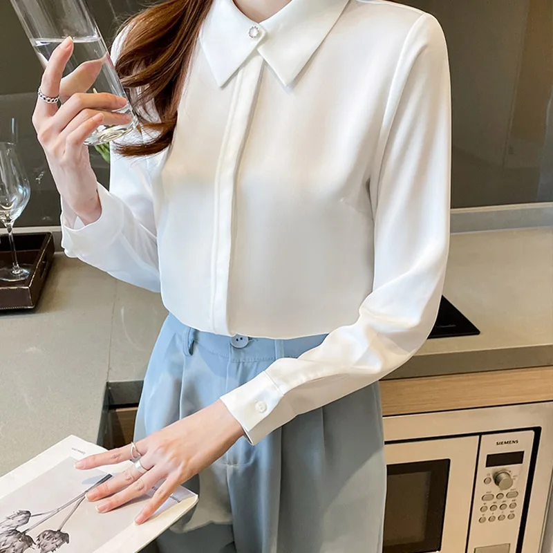 Autumn Office Lady Solid Chic Button Chiffon Shirts Women Clothing Fashion Loose Casual Long Sleeve Tops New Elegant Blouse