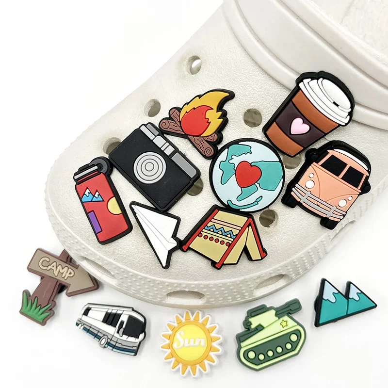 

Single Sale Happy Camping Icon PVC Shoe Charms Sandals Accessories Shoes Buckle Decorations Clogs Pins Badges Kid Gift