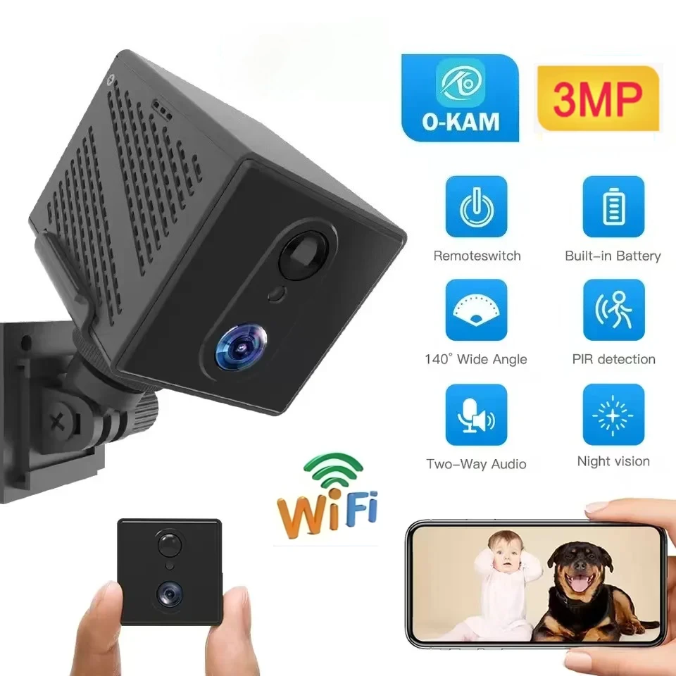 

3-мегапиксельная мини-камера безопасности, Wi-Fi, ночное видение, обнаружение движения, веб-камера видеонаблюдения, 2000 мАч, встроенный аккумулятор, беспроводная камера наблюдения