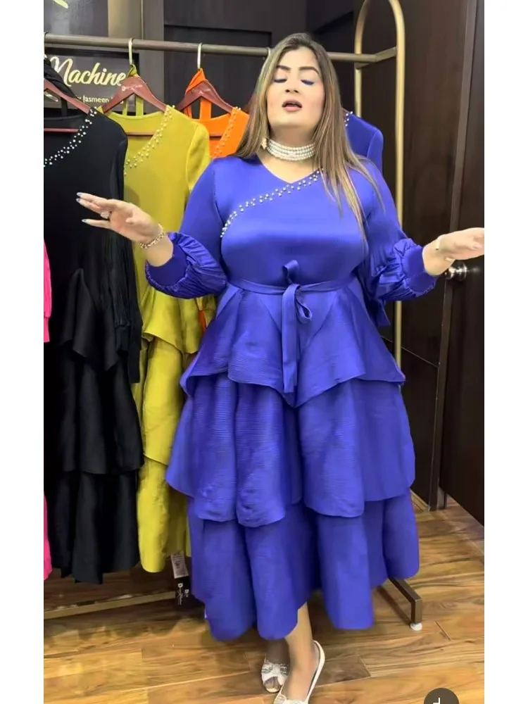 

2025 Spring New Ruffles Pleated Dress Women Round Neck Flare Sleeves Loose Chic Long Length Female Party Clothes Dresses