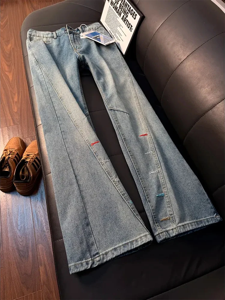 

Blue Slanted Cut Embroidered Men's Jeans Spring High Street Design Slim Straight Leg Micro Flared Pants Casual Wear