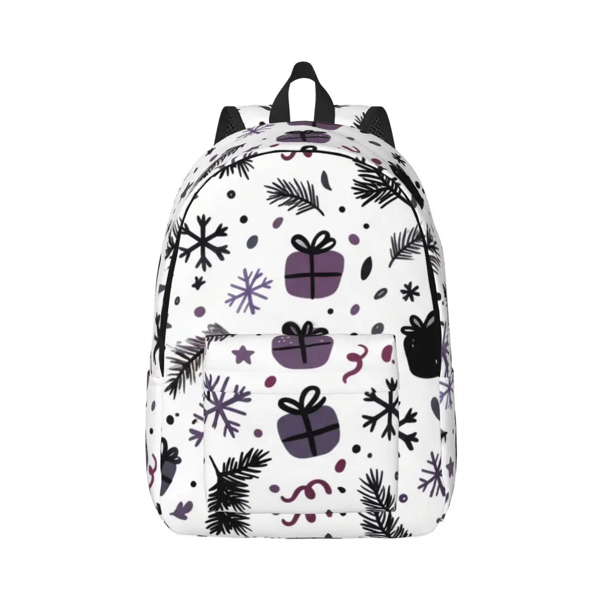 Moon School Backpack Tossed Snowflake Pine Gift Box Star Preppy School Black White Edgy Daypack for School Work Weekend Outfit