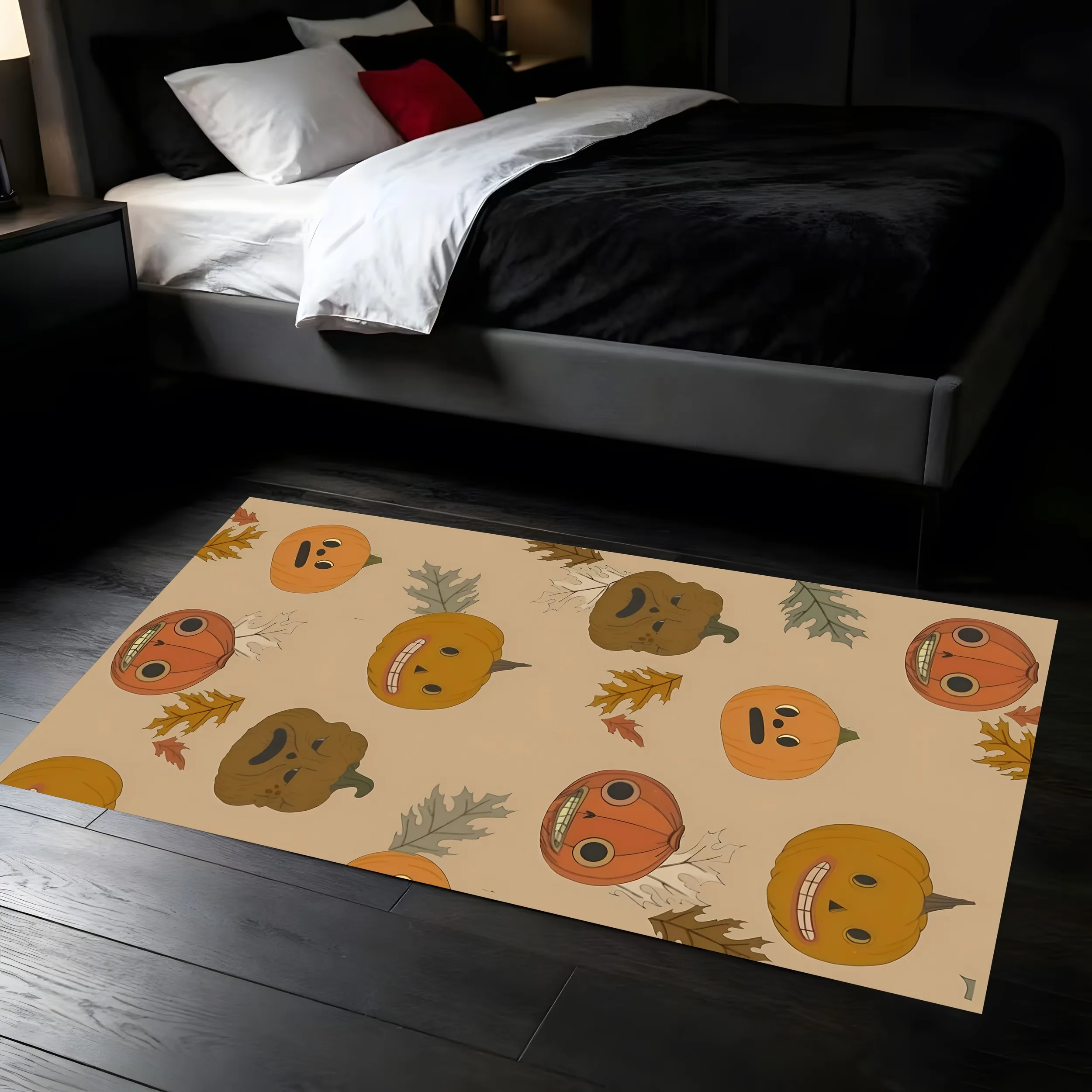 2D Large Area Rug with Funny Expressions, Pumpkin Head, Autumn Leaves All over Print Retro and Cute Style, for Living Room &...