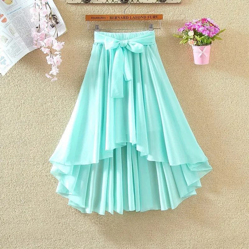 Summer Chiffon Skirts Summer Midi Skirt 2025 New Female Double Layer A-line Skirt High Waist Medium Length Ruffles