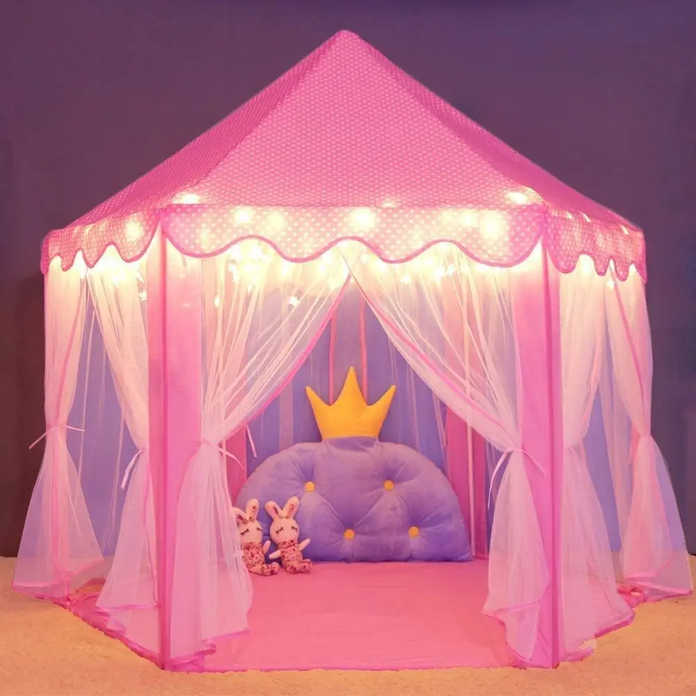 (Warm LED Star Lights) Kids Children Funny Kids Play Tent Play Fairy House Outdoor Indoor Portable Folding Princess Castle Tent