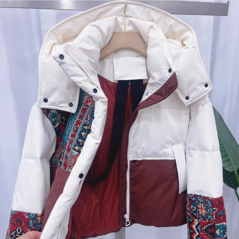 Short Down Jacket for Women, Hooded Coats, Windproof, Warm, Loose, Patchwork, Korean Popular Clothes, Fashion