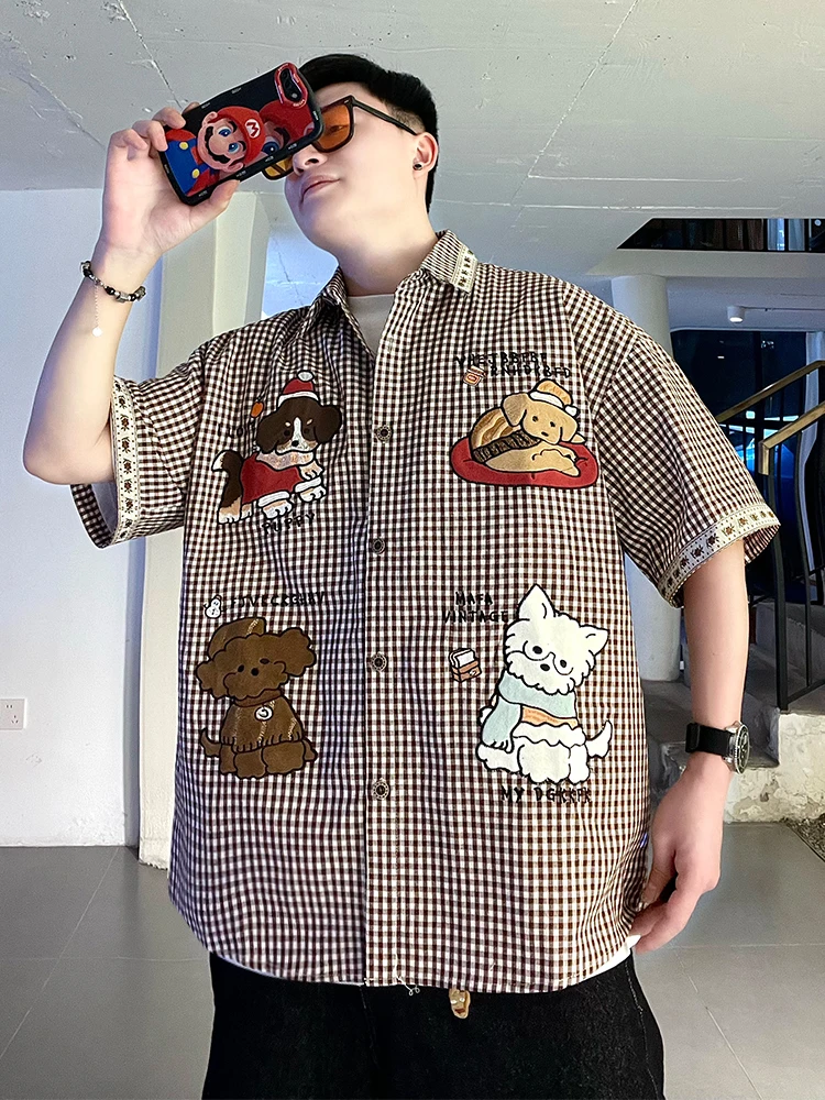 

Повседневная рубашка с коротким рукавом и вышивкой в виде мультяшной собаки, в клетку, для мужчин и женщин, летняя, свободного кроя, винтажная, забавная, для пар, модная, брендовая