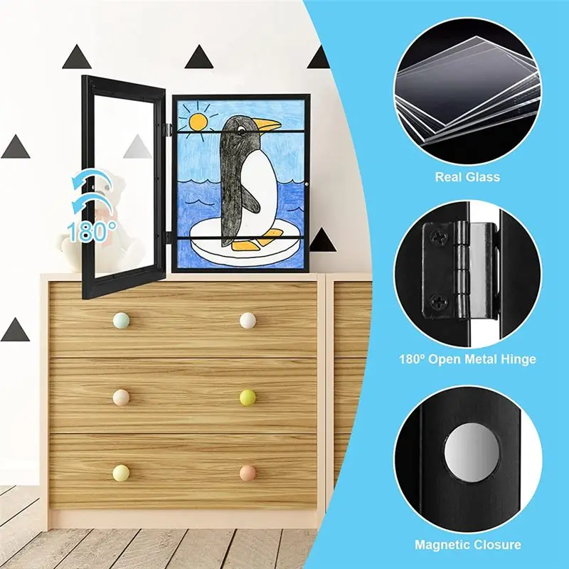 A25I Kids Art Frames, Front Opening Kids Artwork Frames Changeable, Artwork Display Storage Frame for A4 Paper - 2PCS Black