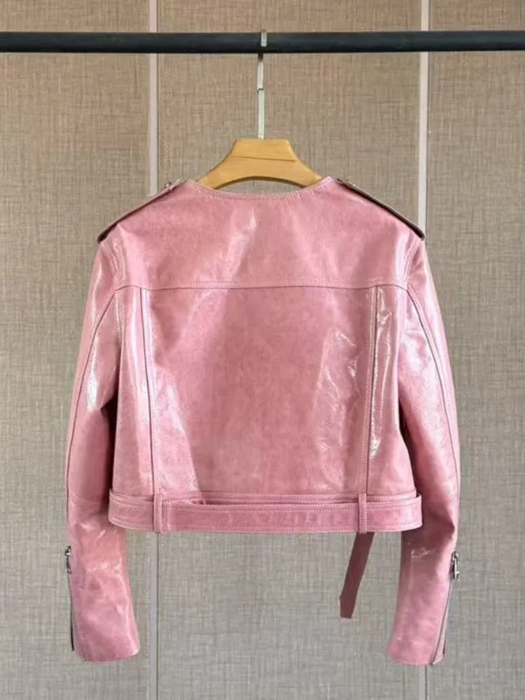 Mode femmes nouvelles vestes courtes en cuir véritable col rond fermeture éclair peau de mouton naturelle vêtements d'extérieur ceinture huile cire moto veste manteau