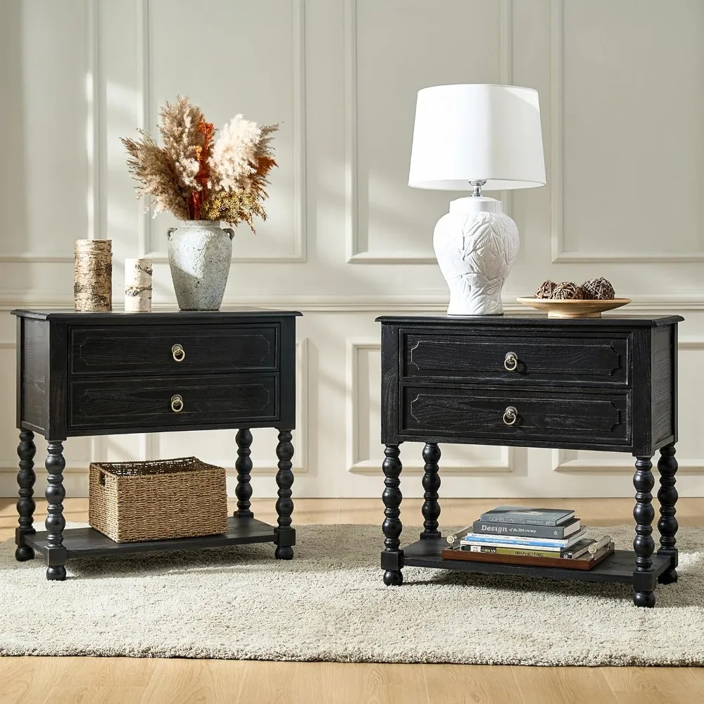 

pair of farmhouse-style storage side tables with drawers and open shelf, solid wood nightstands featuring spindle legs