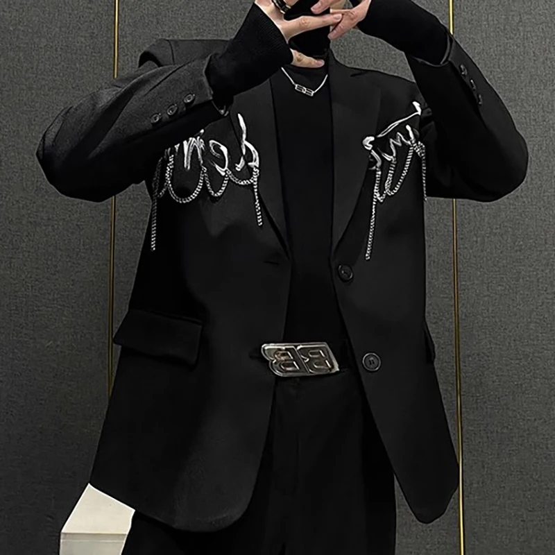 Luxury Korean Punk Jacket Blazer Masculino Shiny Jacket Club Party Blazer Men Stage Suit Chain Decorate Jacket Men Blazer Homme