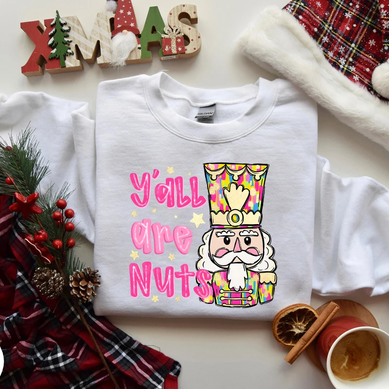 Womens Christmas Sweatshirt Y\'all Are Nuts Merry Christmas Pink Nutcracker Lover Sweater Women Festive Cartoon Cute Sweatshirts