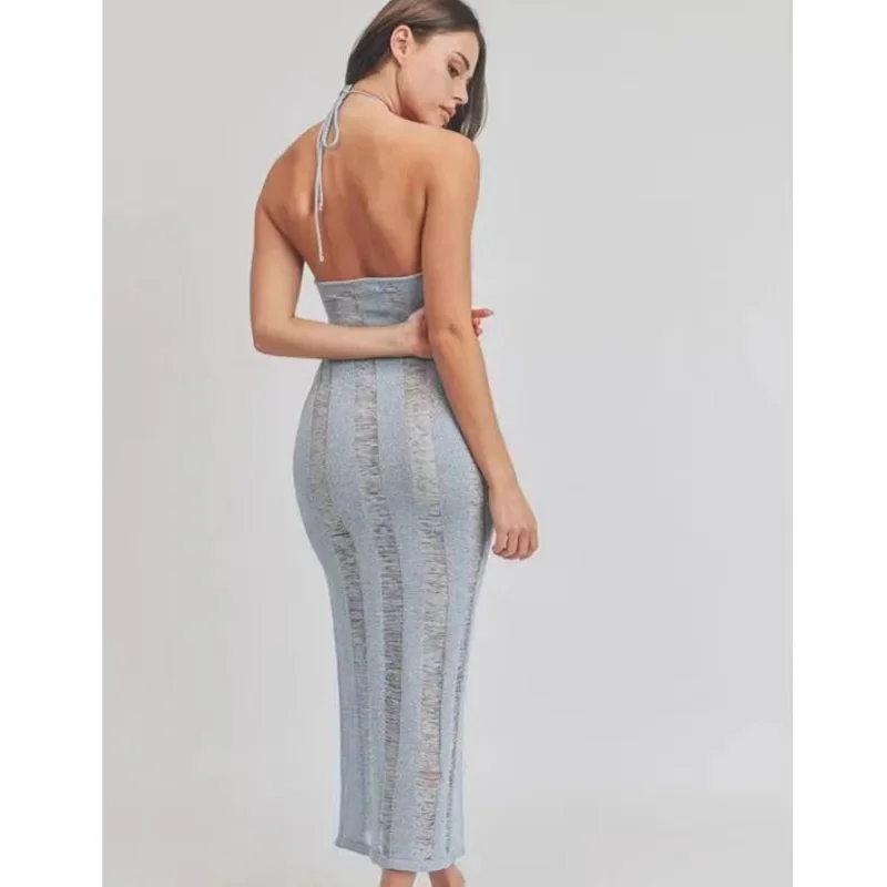 

2025 Summer Hollow Out Knitted Lace Up Halter Backless Bodycon Maxi Dress Women Sexy Sleeveless Holiday Beach Long Robe Cover Up
