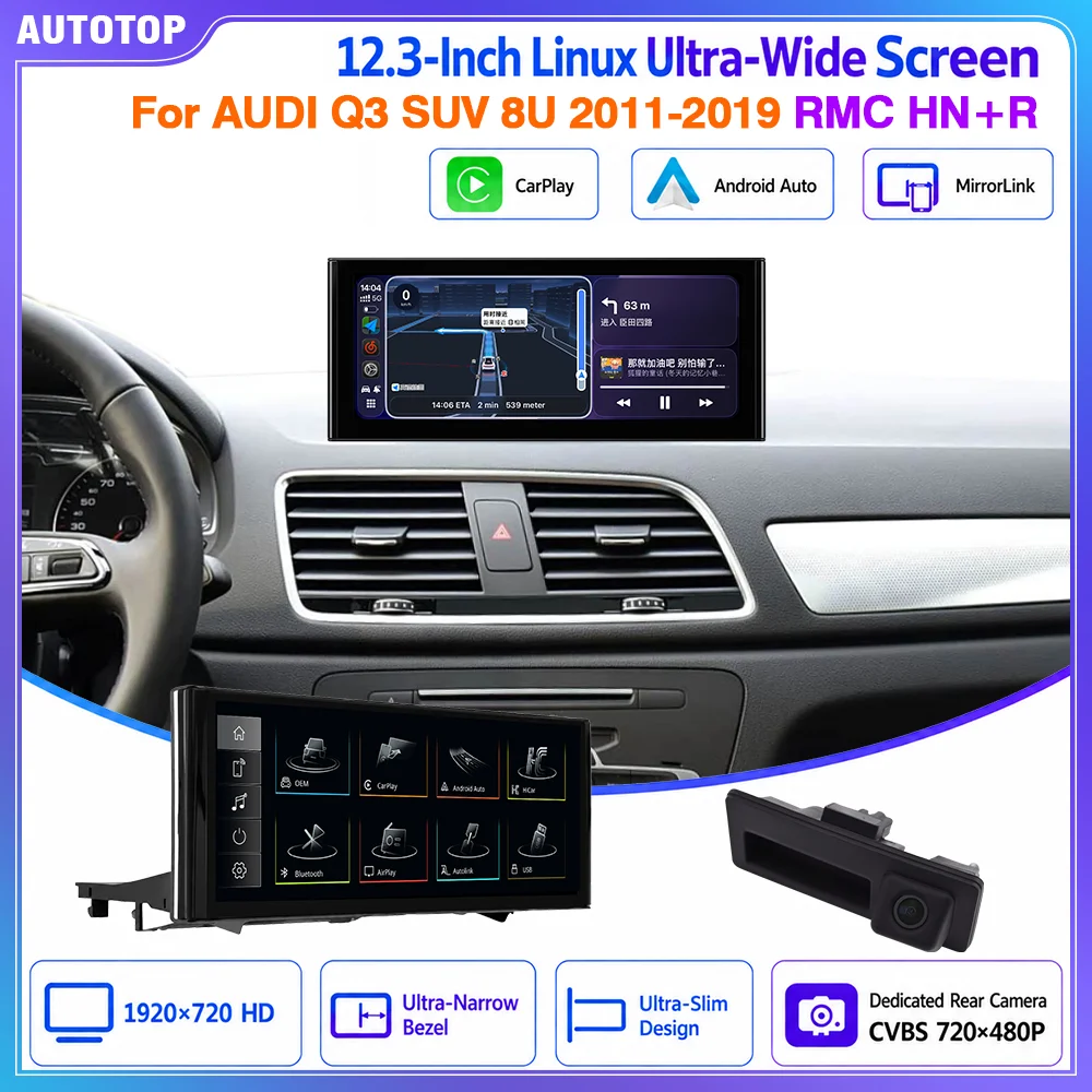 AUTOTOP, display multimediale per auto con sistema Linux da 12,3 pollici, per Audi Q3 SUV 8UB 8UG 2011-2019, sistema RMC HN+, risoluzione 1920x720P HD, CarPlay wireless, Android Auto, HiCar, controllo