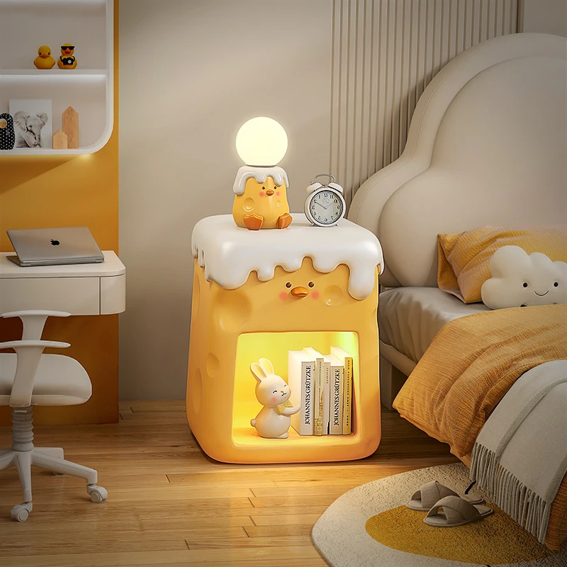Cute Cream-Colored Cheese Duck Nightstand with LED Touch Light Kids Bedside Table Small Storage Cabinet for Room