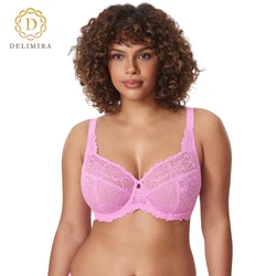 DELIMIRA Women's Plus Size Minimizer Bras Full Coverage Lace Unlined Underwire Bra Mesh Transparent B-K Cups