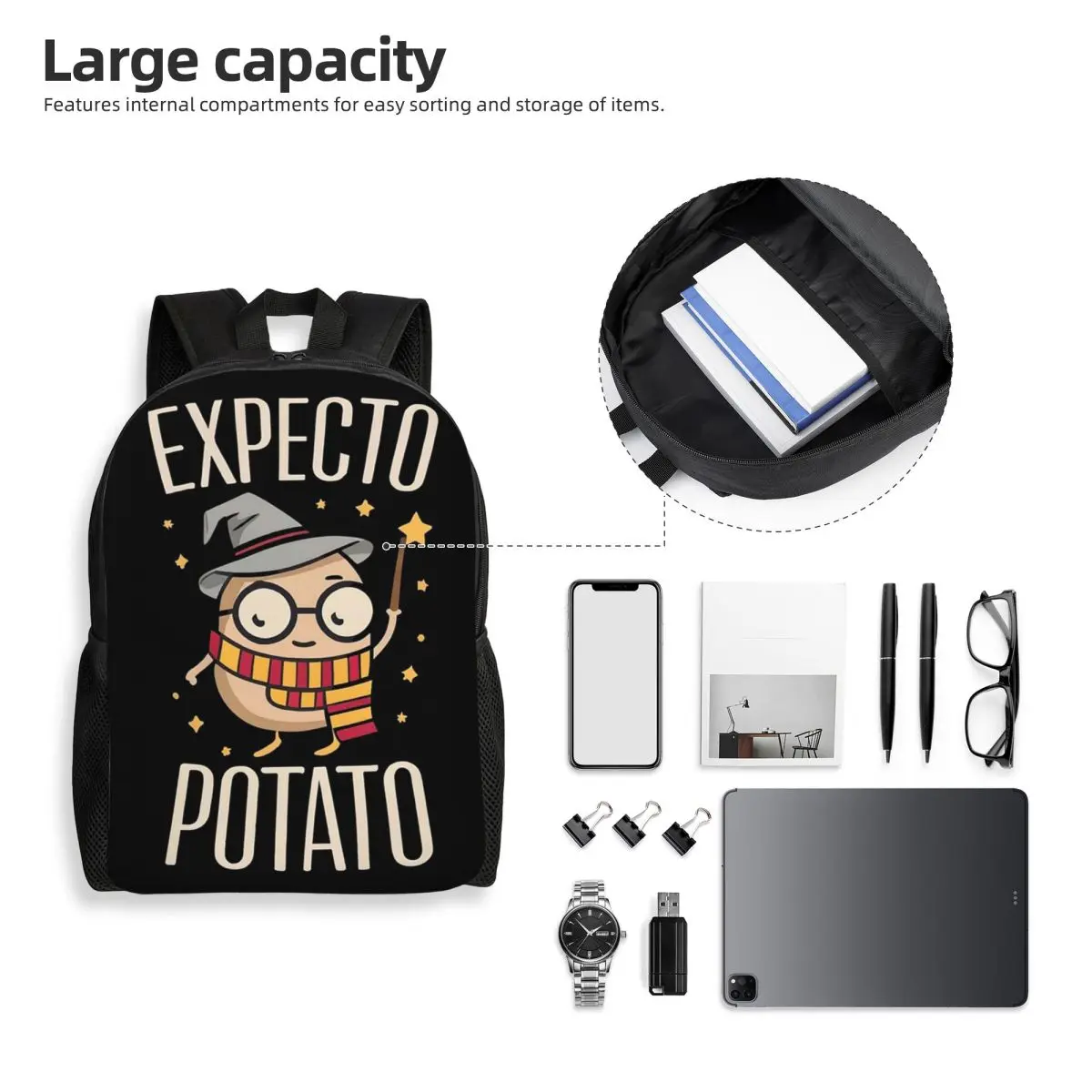 Expecto Potato - Wizard Mochila divertida para estudiantes, mochila escolar, mochila de viaje para senderismo, mochila de moda para niños y niñas, bolsos de hombro