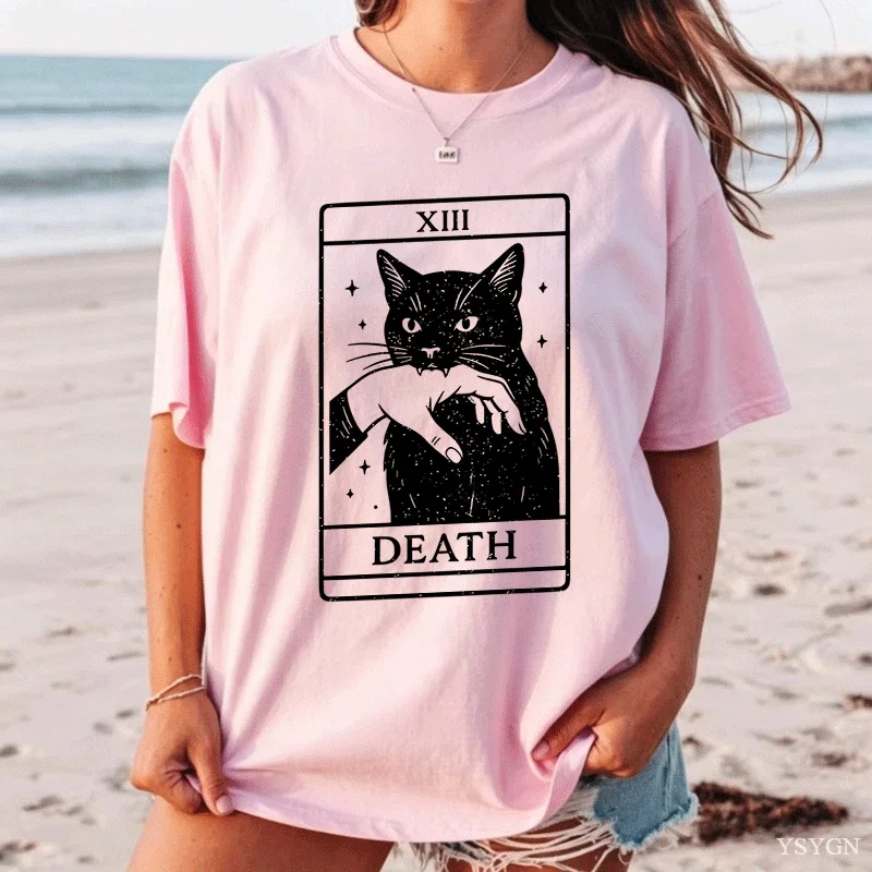 Tarot Card Black Cat T Shirt Vintage Tarot Death T-shirt Witchy Cat Tshirt Spooky Cat Halloween Tshirt Causal Short Sleeve Top