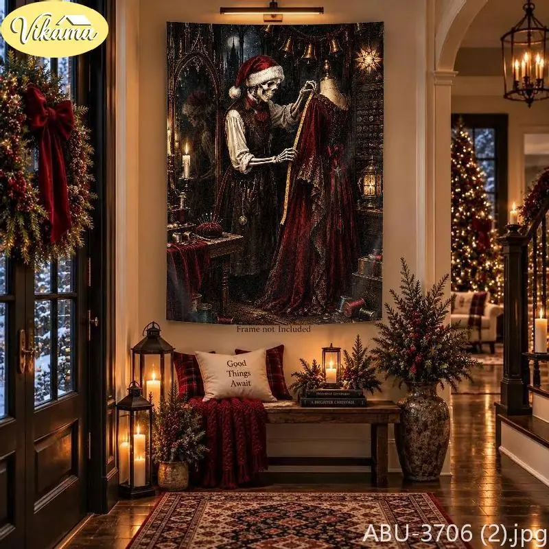 VIKAMA Dark Skeletal Monarch Theater Proscenium Candelabra Wall Tapestry Noir Victorian Royal Stage Festive Room Home Decor Soft