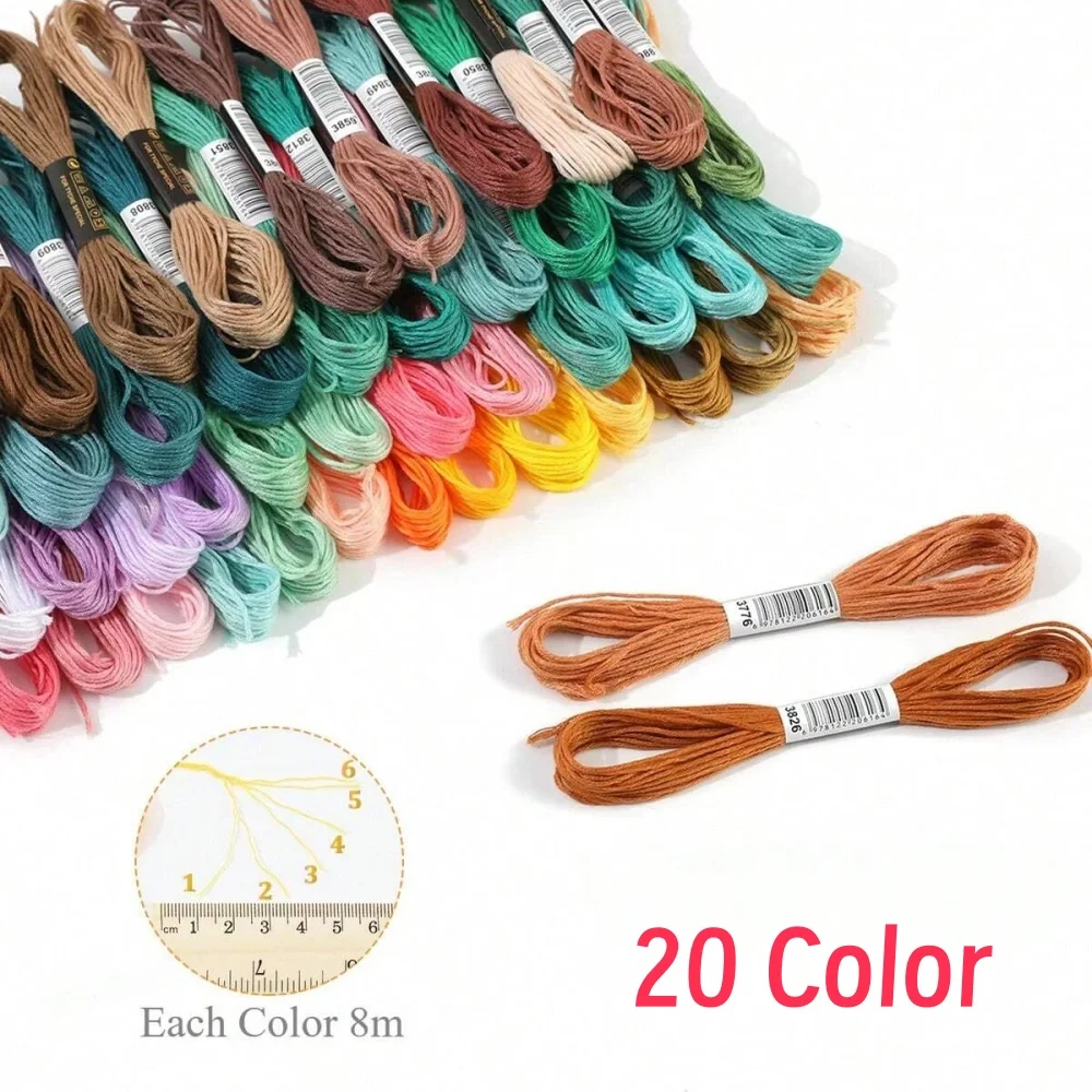 Kit de hilo de punto de cruz de 20 colores, juego de hilo de bordar de poliéster de 6 hebras de 8 yardas para suministros de costura y manualidades ﻿