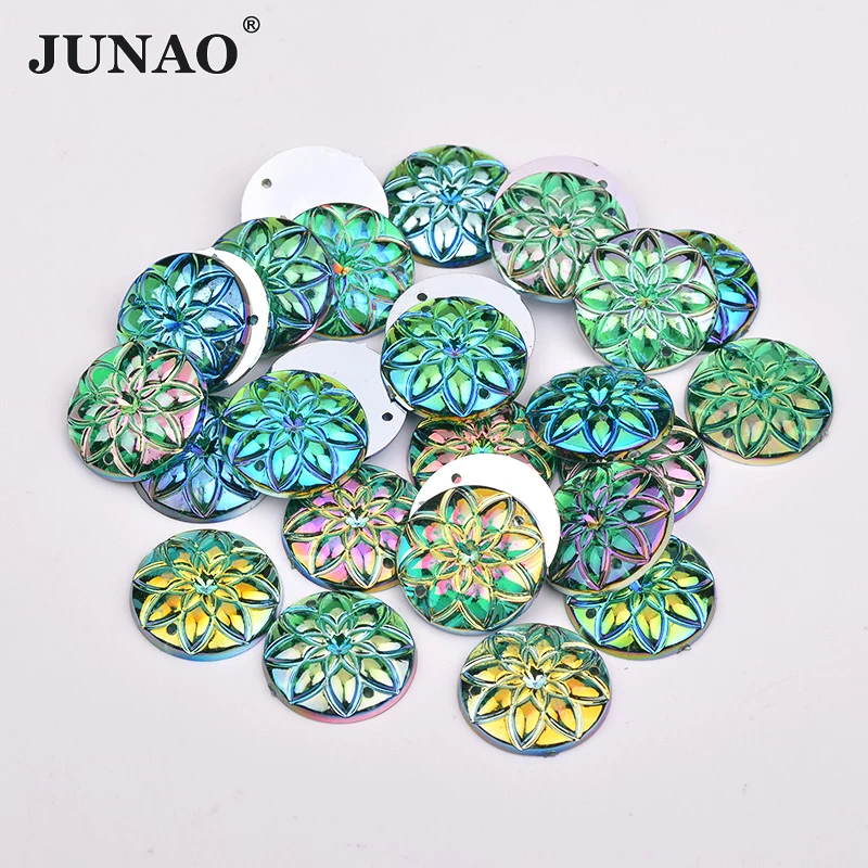JUNAO 50Pcs 20mm Yellow AB Crystal Sewing Flower Rhinestone Flatback Acrylic Strass Appliques For Clothes Decoration