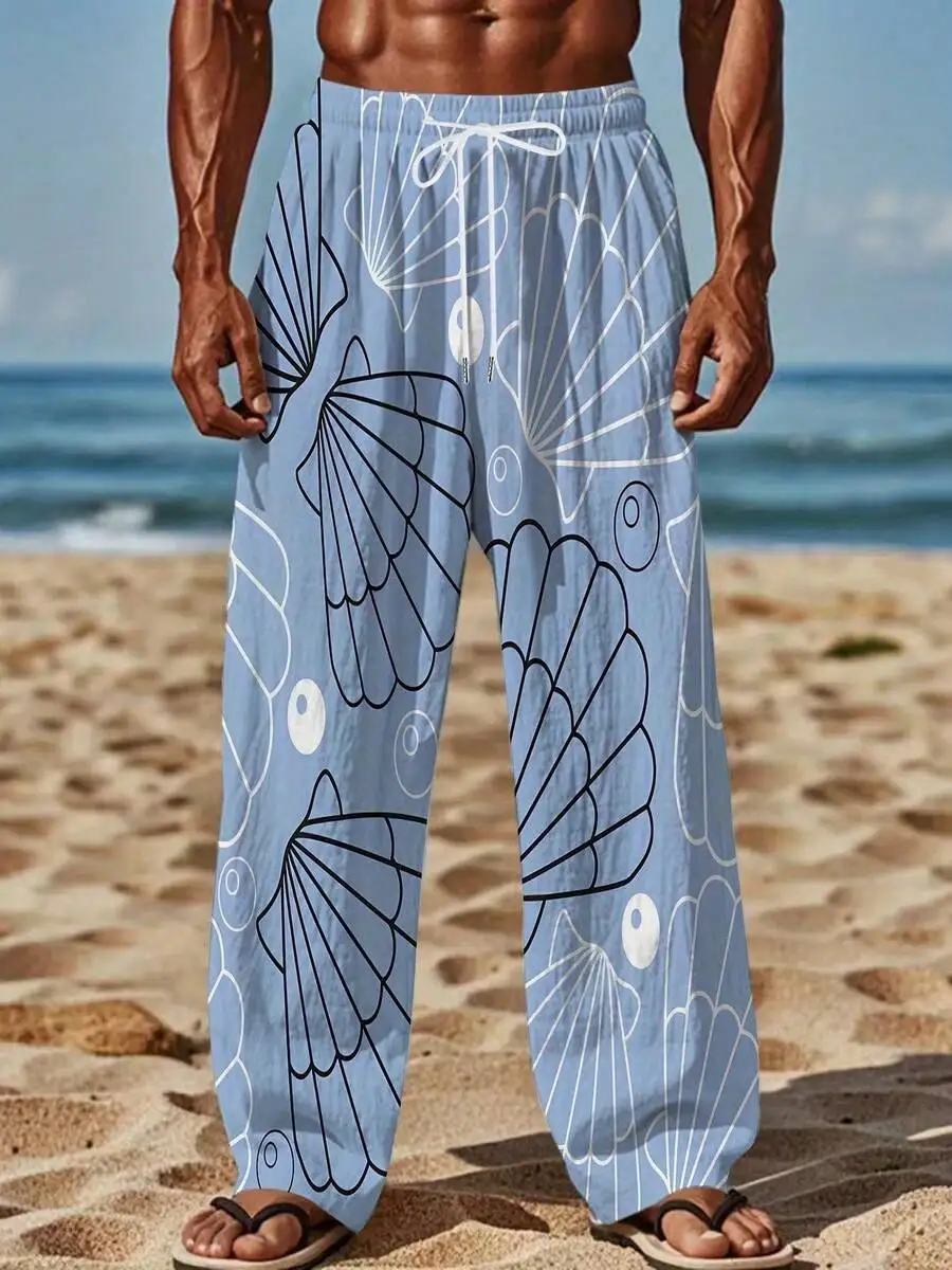 Ocean Shell And Bubble Pattern Light Blue Harem Pants Casual Lightweight Beachwear