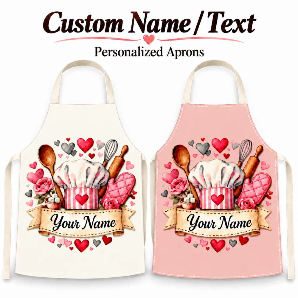1Pc Custom Name/Text Apron, Pink Kitchen Utensils & Hearts Print, Suitable for Baking, Cooking Gifts, Apron for Chefs, Cooks