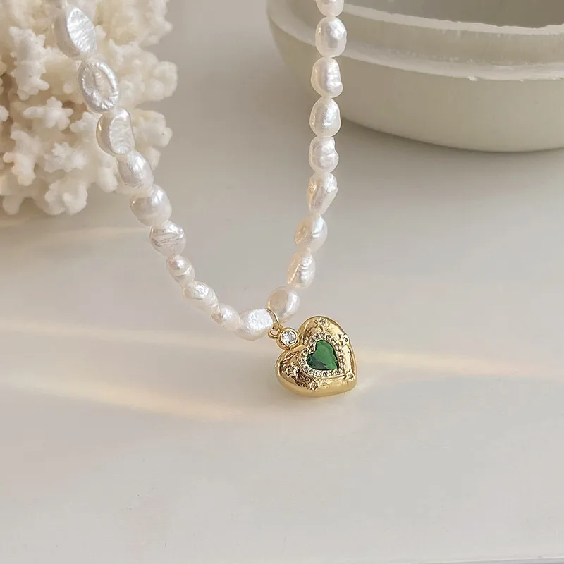 New Romantic Love Heart Green Crystal Natural Baroque Freshwater Pearl 14K Gold Filled Female Pendant Necklace Jewelry For Women