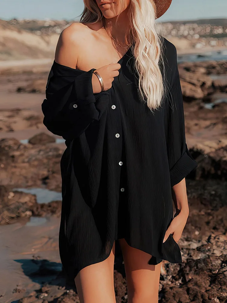 2023 New Beach Outing Cover Up Tunic Dress Bohemian Chiffon White Bikini Pareo Shirt Women Swimsuit Kimono Beachwear Cardigan