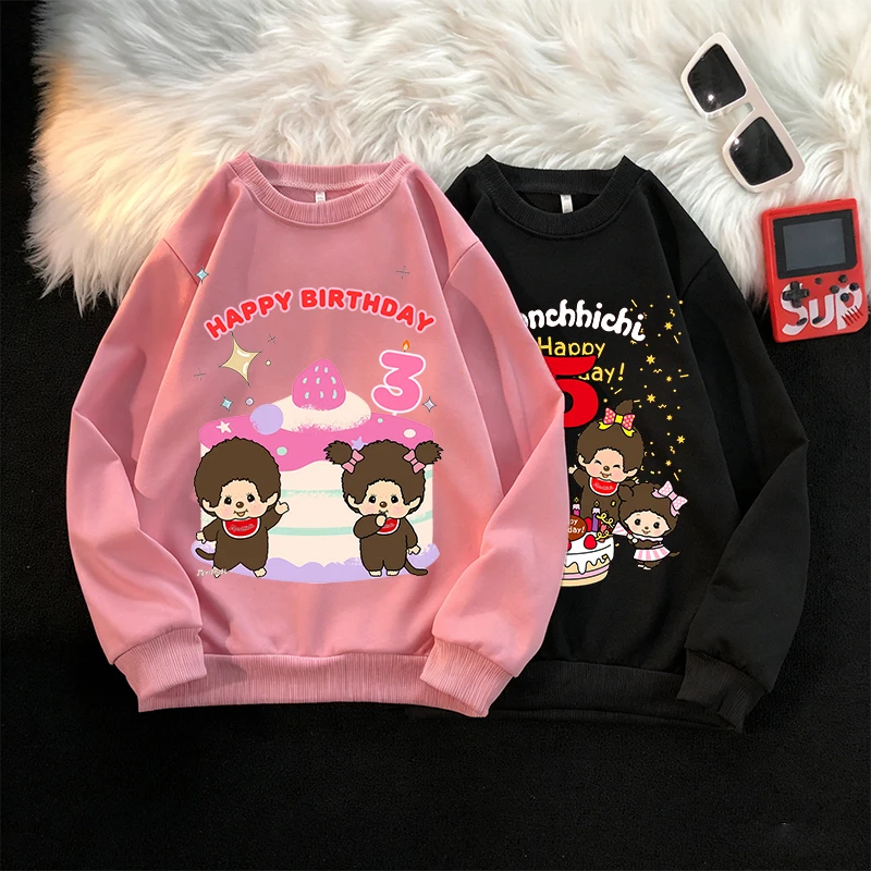 

Толстовка Monchhichi с капюшоном, толстовка с героями мультфильмов на день рождения, милые топы для мальчиков и девочек, детский пуловер, детская одежда с длинными рукавами, одежда для дня рождения, подарок