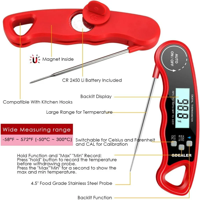 ميزان حرارة اللحوم المريح عالي السرعة للغاية ومقاوم للماء للشواية والمطبخ والشوي في الهواء الطلق وإعدادات الشواء - عيار متعدد الاستخدامات