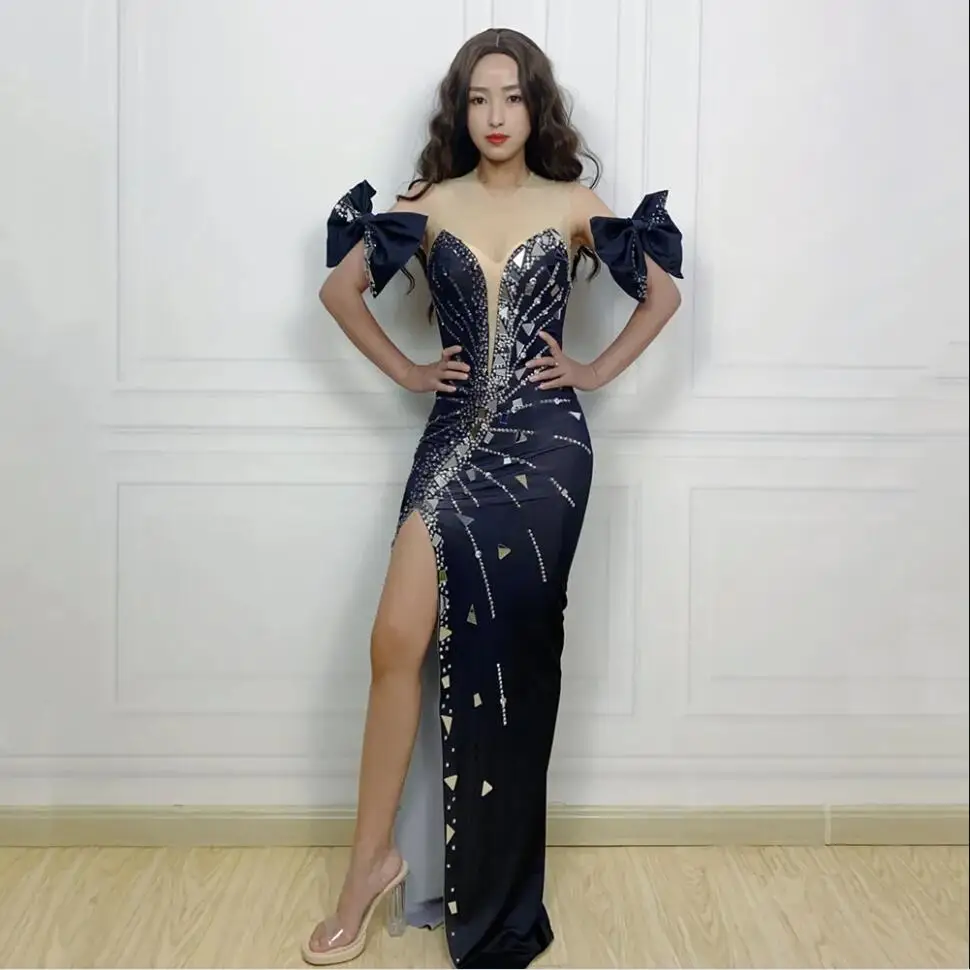 

Silver Rhinestones Mirror Black Slit Long Dress Women Dance Performance Party Costume Birthday Evening Dress 20230018
