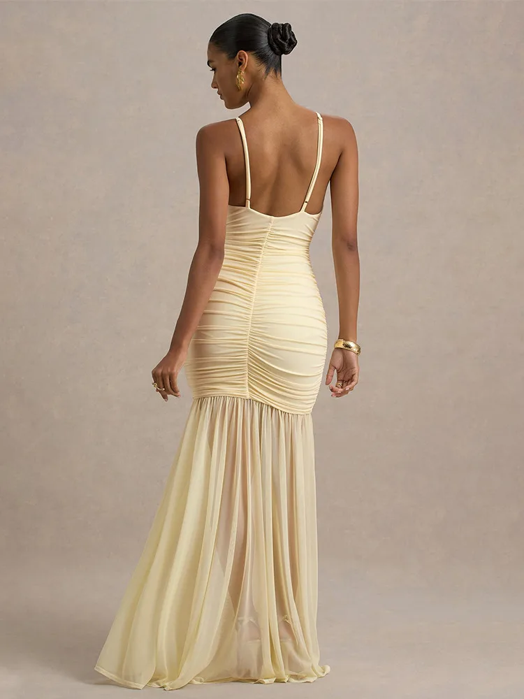 Absobe Sheer Mesh Pleated Spaghetti Strap Maxi Dress Women's Sexy Deep V Neck Backless Slim Bodycon Long Dress Elegant Partywear