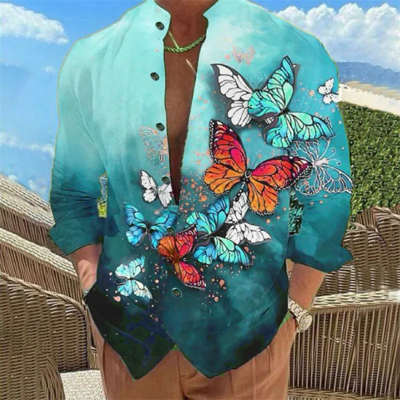 2024 men\'s shirt 6 color Hawaiian men\'s long -sleeved shirt butterfly single buckle fashion casual shirt comfortable fabric