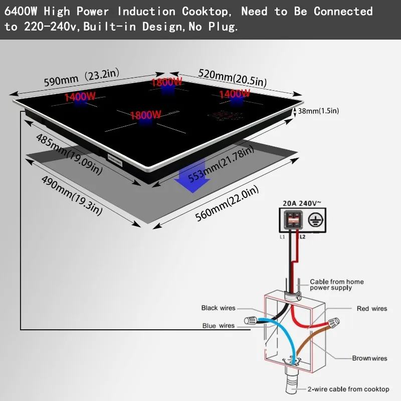 Cooktop de indução embutido com proteção de vidro Metal Frame, Cooktop elétrico, 24 ", 4 queimadores