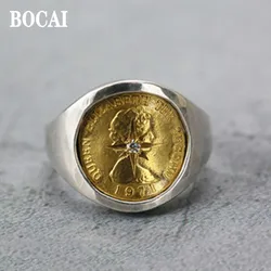 BOCAI Real S925 Silver Men's and Women's Rings Elizabeth Hand-Made Rays Point-Drilled Copper Coin Face Trendy Jewelry