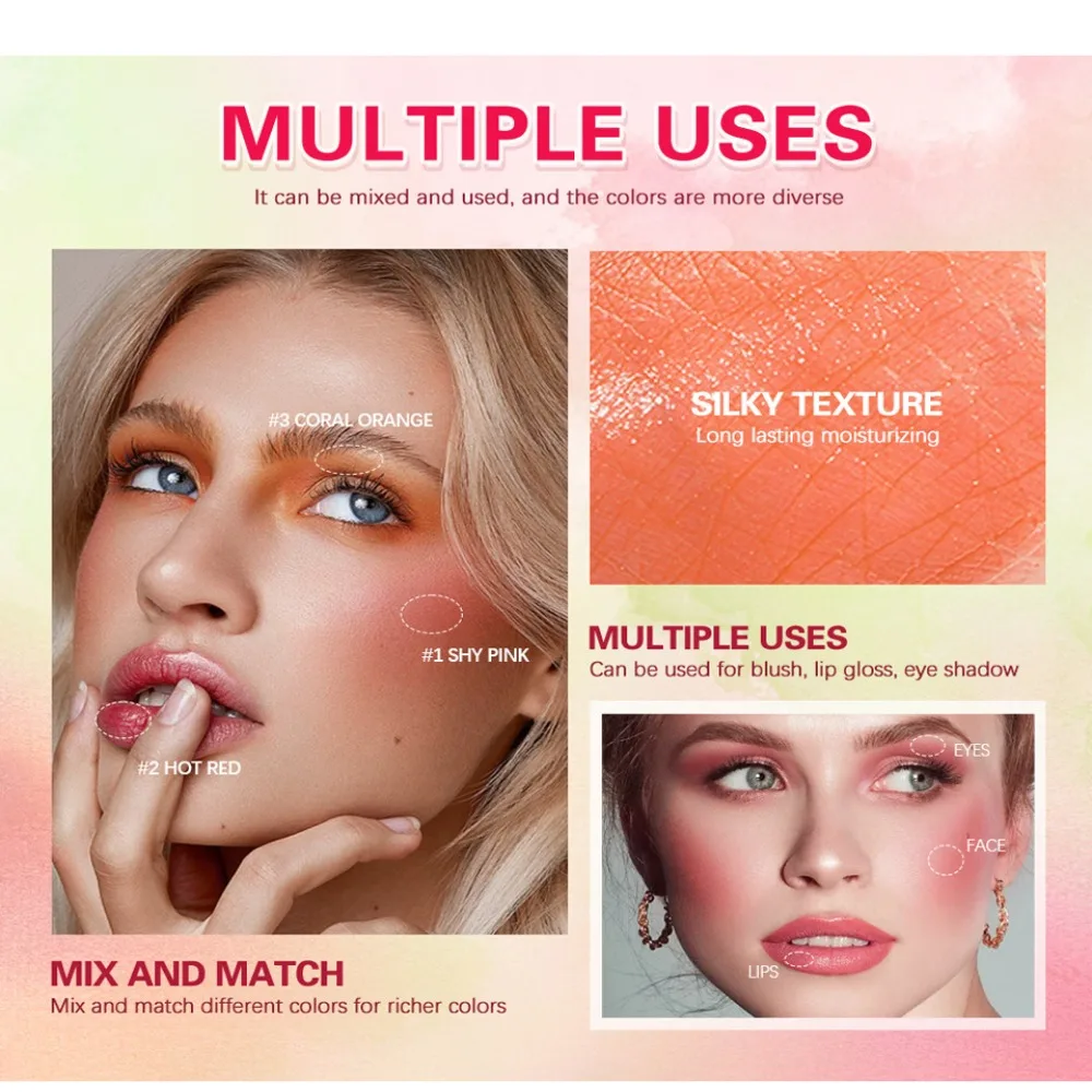 New Color Makeup Blush Stick with Brush Highly Malleable Waterproof Double-headed Blush with Brush Stick Sweatproof 3-in-1 Rouge