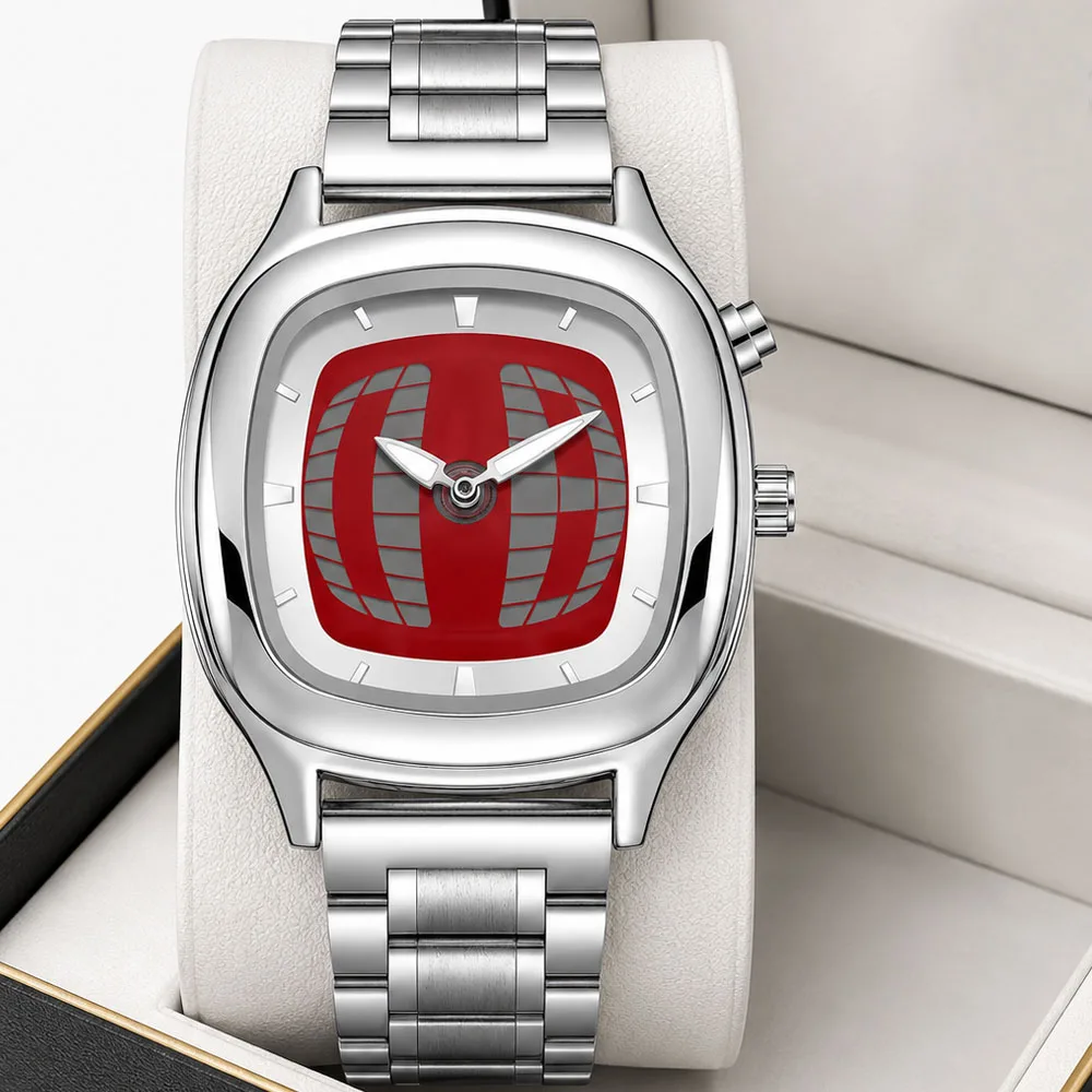 Red Quartz Watch Color Square Y2K Pointer Number Men Dual Display Steel Personalize Hot Watches Business Dynamic Design Clcok