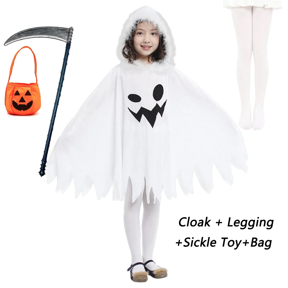 Kids Role Play Dress Girls Spooky Ghost Cosplay Winter Cloak Costume Set with Long Sickle Halloween Fancy Outfit for Carnival