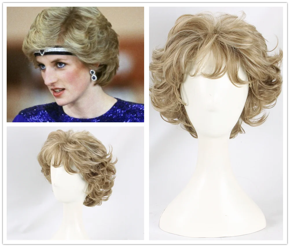 

Queen Diana Cosplay Wig Vintage Short Dark Golden Fluffy Curly Heat Resistant Synthetic Hair Halloween Carnival Party Costume Wi