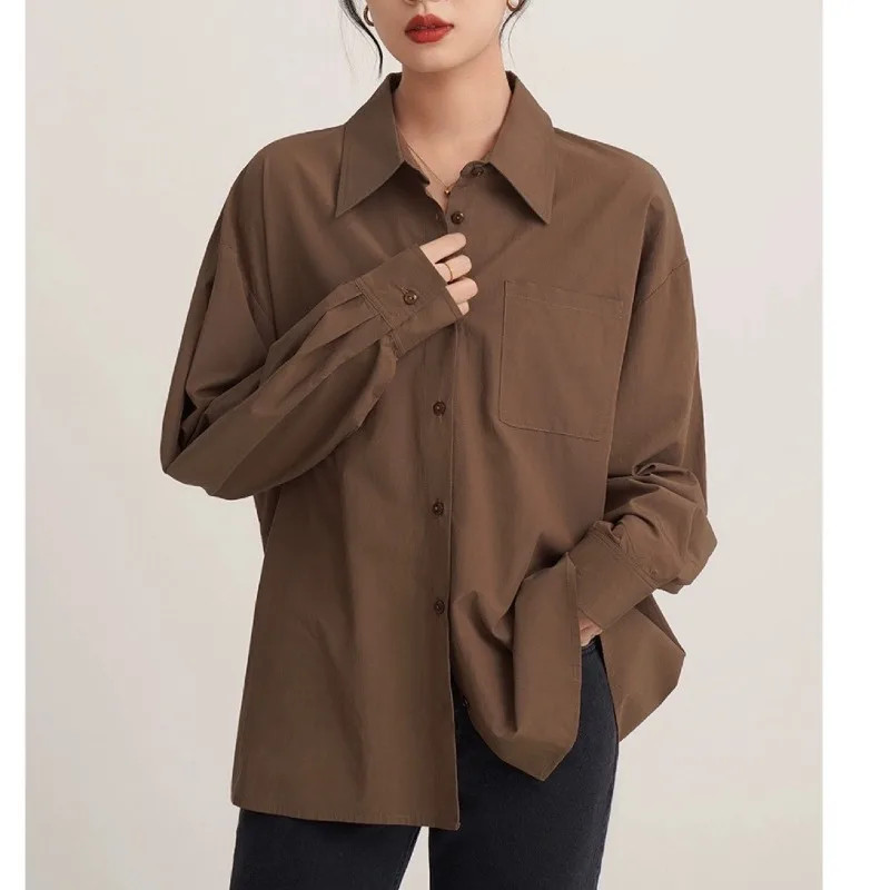 Shirt Women Spring New Brown Long Sleeve Shirt Loose Top