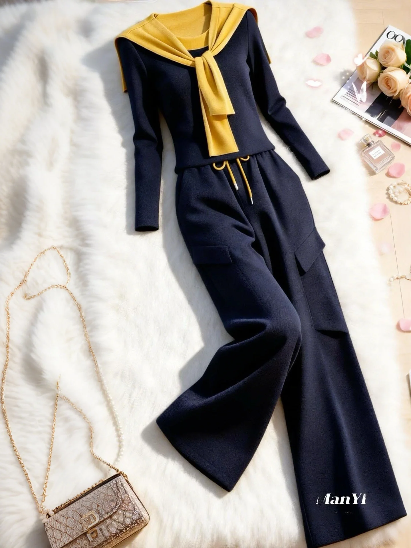 

Casual Style Color Block Long Sleeve Two Piece Set Deep Blue Fashionable Women's Wear Spring Autumn New Arrival Comfortable B...